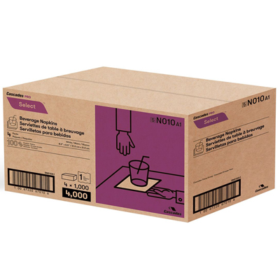 Cascade Pro Select Beverage Napkins 1 ply 1/4 fold 4x1000